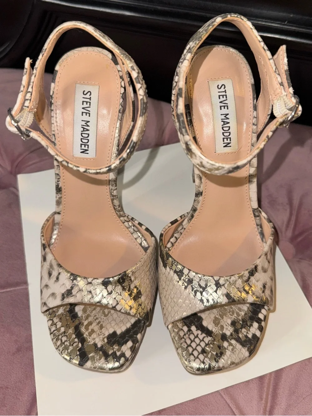 Steve Madden Snakeskin Platform Ankle-Strap Heels in Neutral Tones